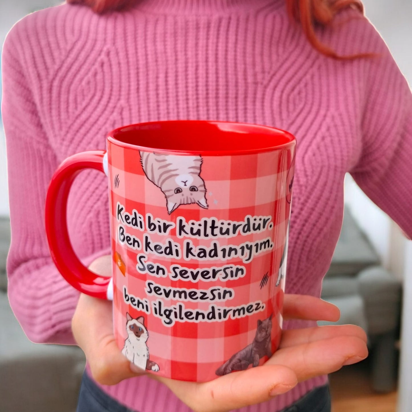 Ben Kedi Kadınıyım Tasarım Porselen Hediyelik Kupa Bardak-Cat Mom-Doğum Günü Hediyesi Ofis-Ev Kupası