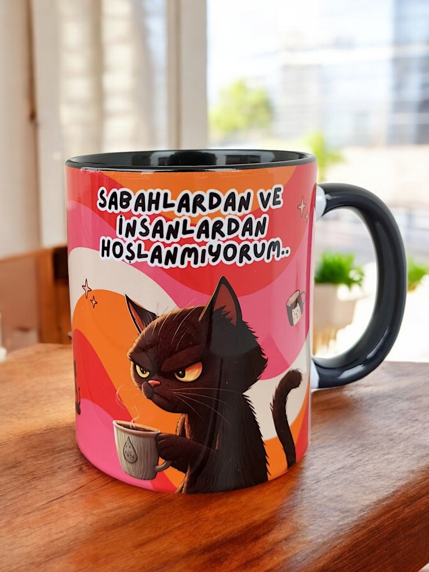 Sabahlardan ve İnsanlardan Hoşlanmıyorum Kedi Kupa-Hediyelik Ev-Ofis Kupası, Komik Kupa