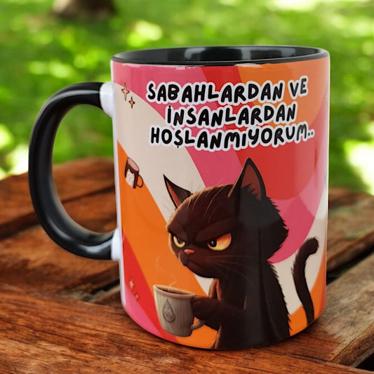 Sabahlardan ve İnsanlardan Hoşlanmıyorum Kedi Kupa-Hediyelik Ev-Ofis Kupası, Komik Kupa