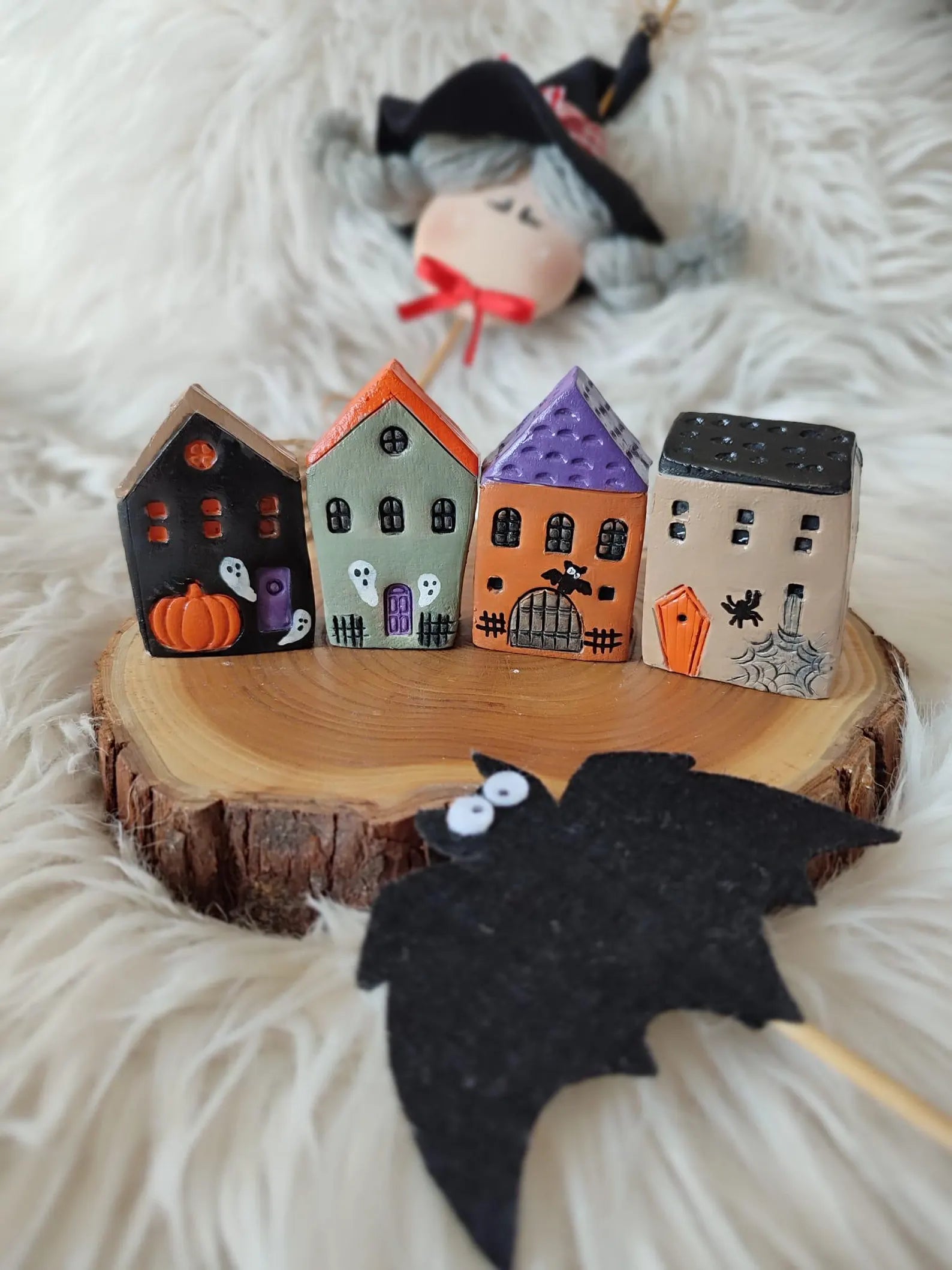 Halloween Evler 4'lü Set Ofis Dekoru Minyatür El Yapımı Seramik Evler