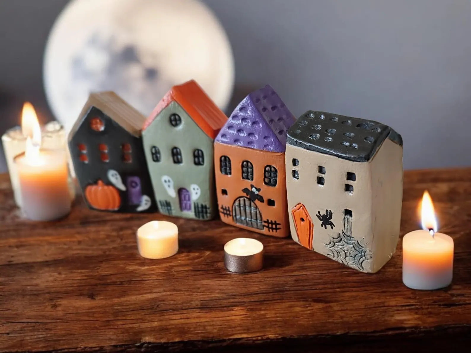Halloween Evler 4'lü Set Ofis Dekoru Minyatür El Yapımı Seramik Evler