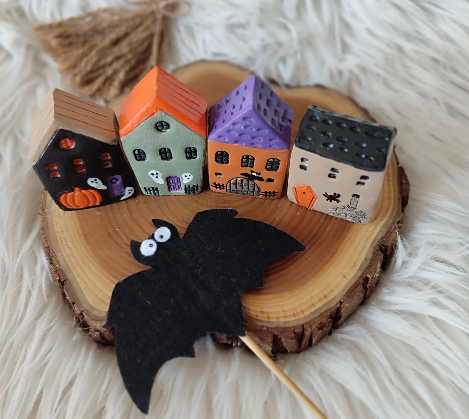 Halloween Evler 4'lü Set Ofis Dekoru Minyatür El Yapımı Seramik Evler