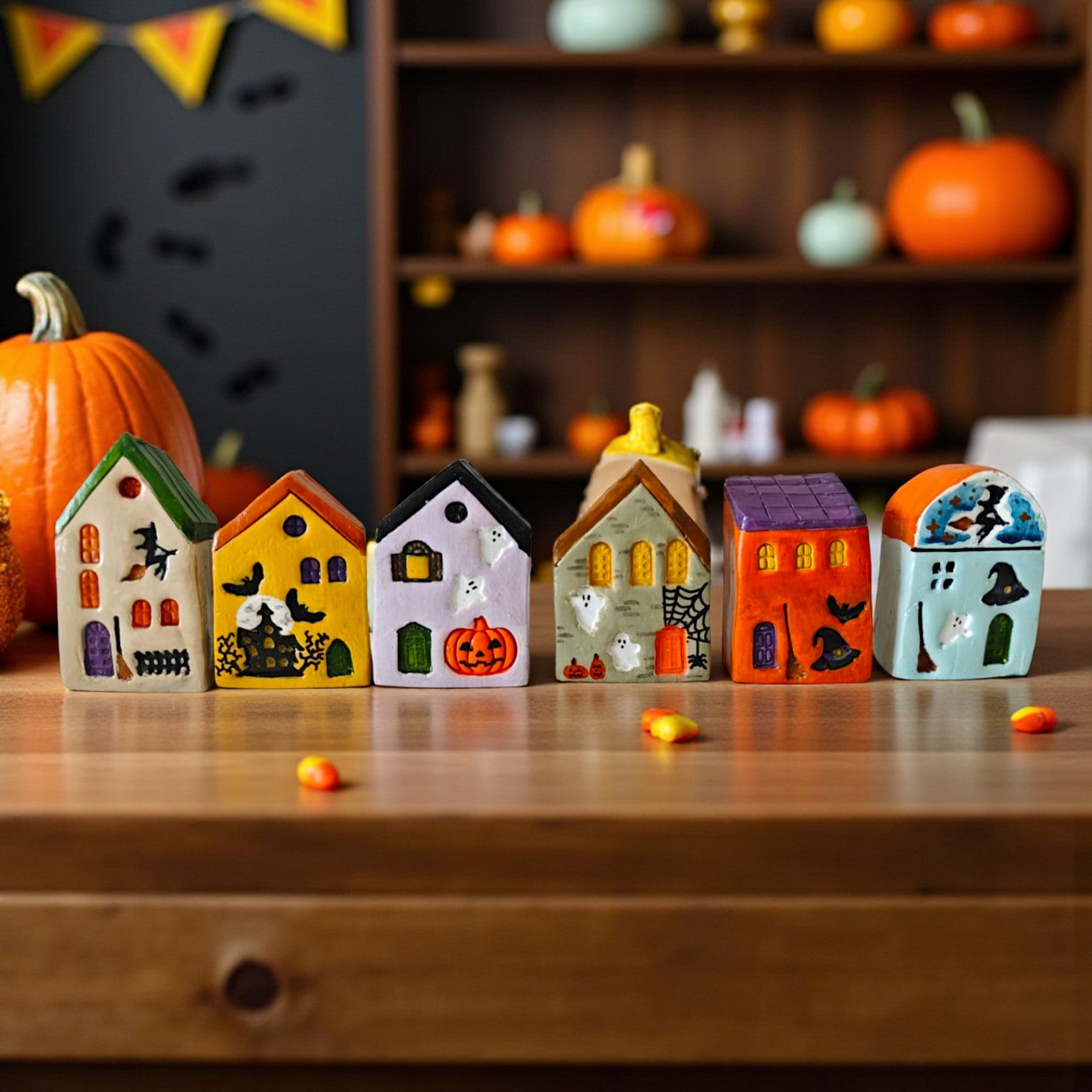 Halloween 6'lı Set Ev-Ofis Dekoru Minyatür El Yapımı Seramik Evler
